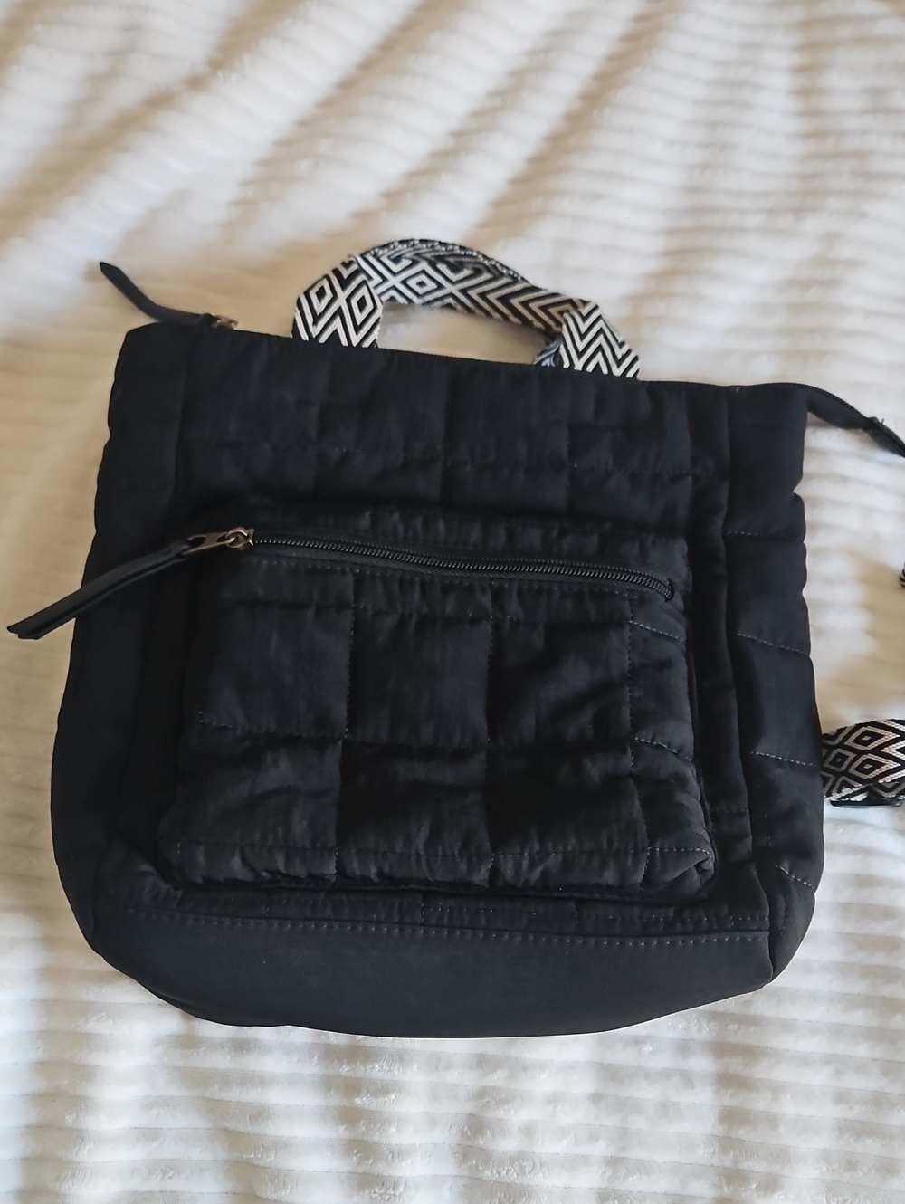 Universal Thread Quilted Black Tote Backpack with Patterned Handles